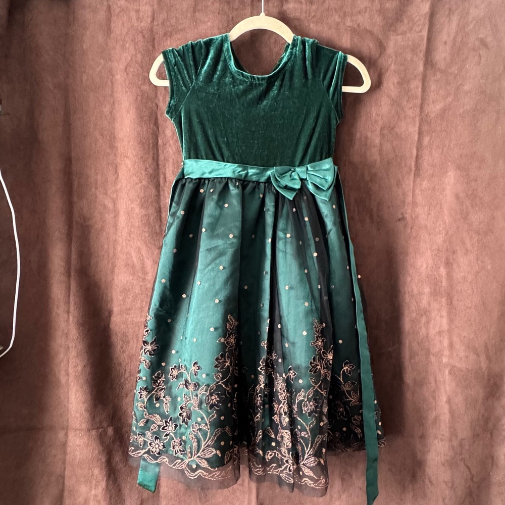 Nannette Kids Girls Emerald Green Velvet Holiday Dress Floral Gold Glitter Sz 10